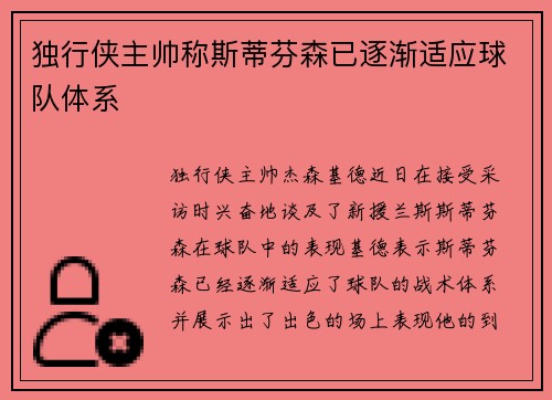独行侠主帅称斯蒂芬森已逐渐适应球队体系